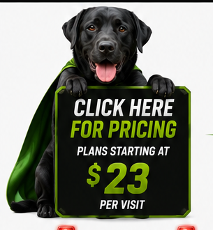 Black Lab superhero holding a Click Here for Pricing sign