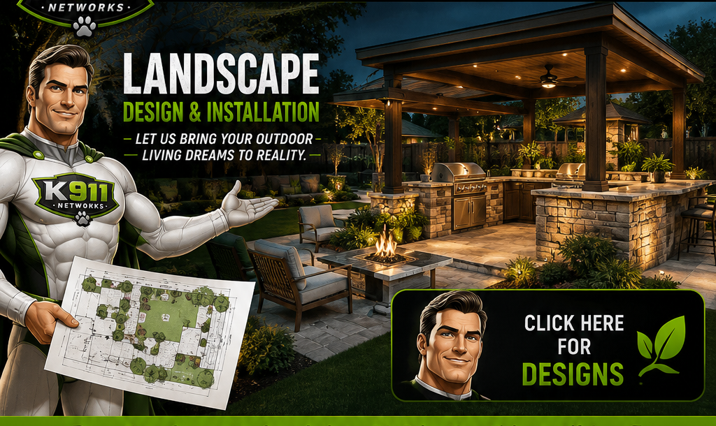 K911 male superhero presenting a scaled landscape plan beside a completed outdoor kitchen, patio cover, sitting area and garden