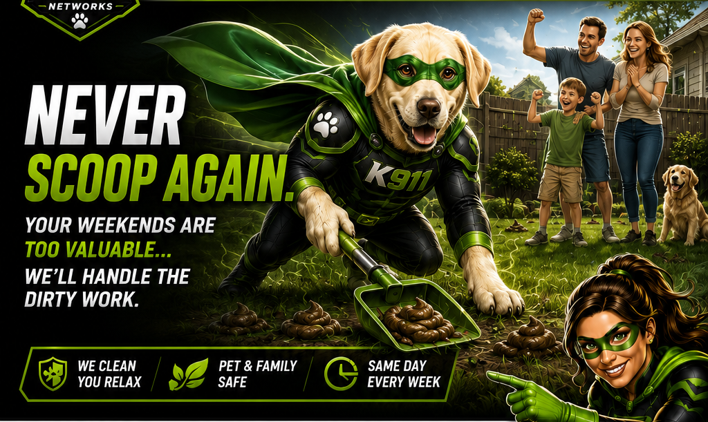 Cream Lab K911 superhero rescuing a family from pet waste while the K911 female superhero points toward the service benefits